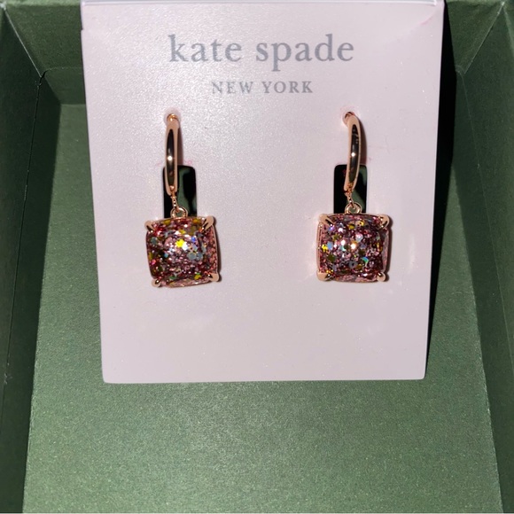 ♠️ Kate Spade New York Mini Small Square Huggies Earrings - Rose Gold Glitter - Picture 2 of 4